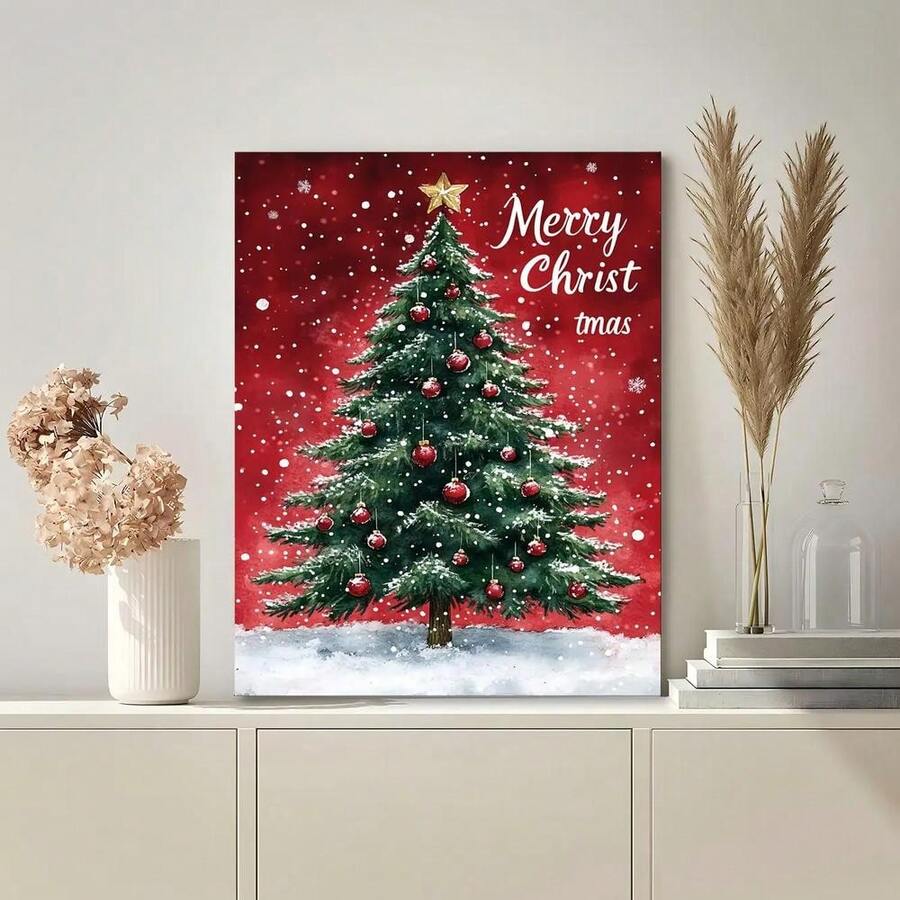 Merry Christmas tree canvas wall art beside pale cabinetry