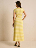 Yellow white striped sleeveless knit maxi dress back view