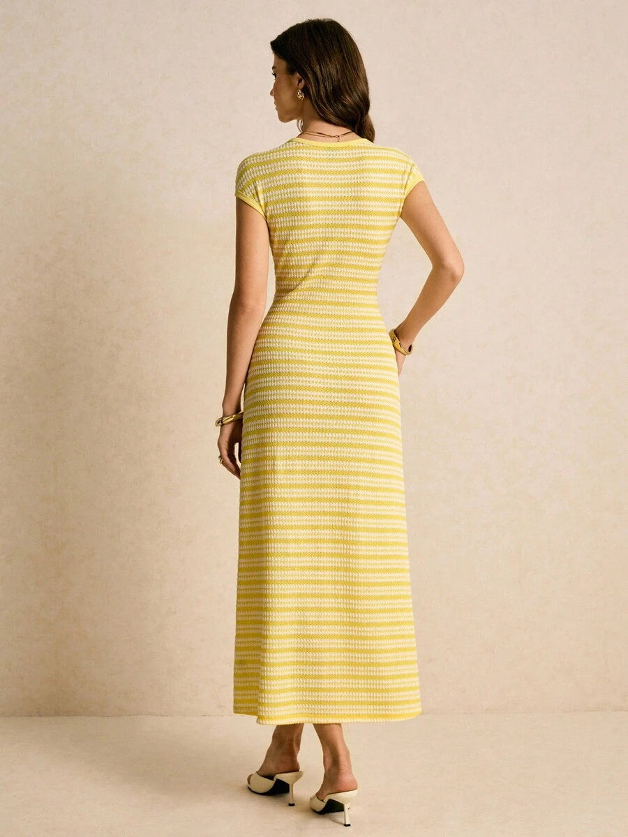Yellow white striped sleeveless knit maxi dress back view