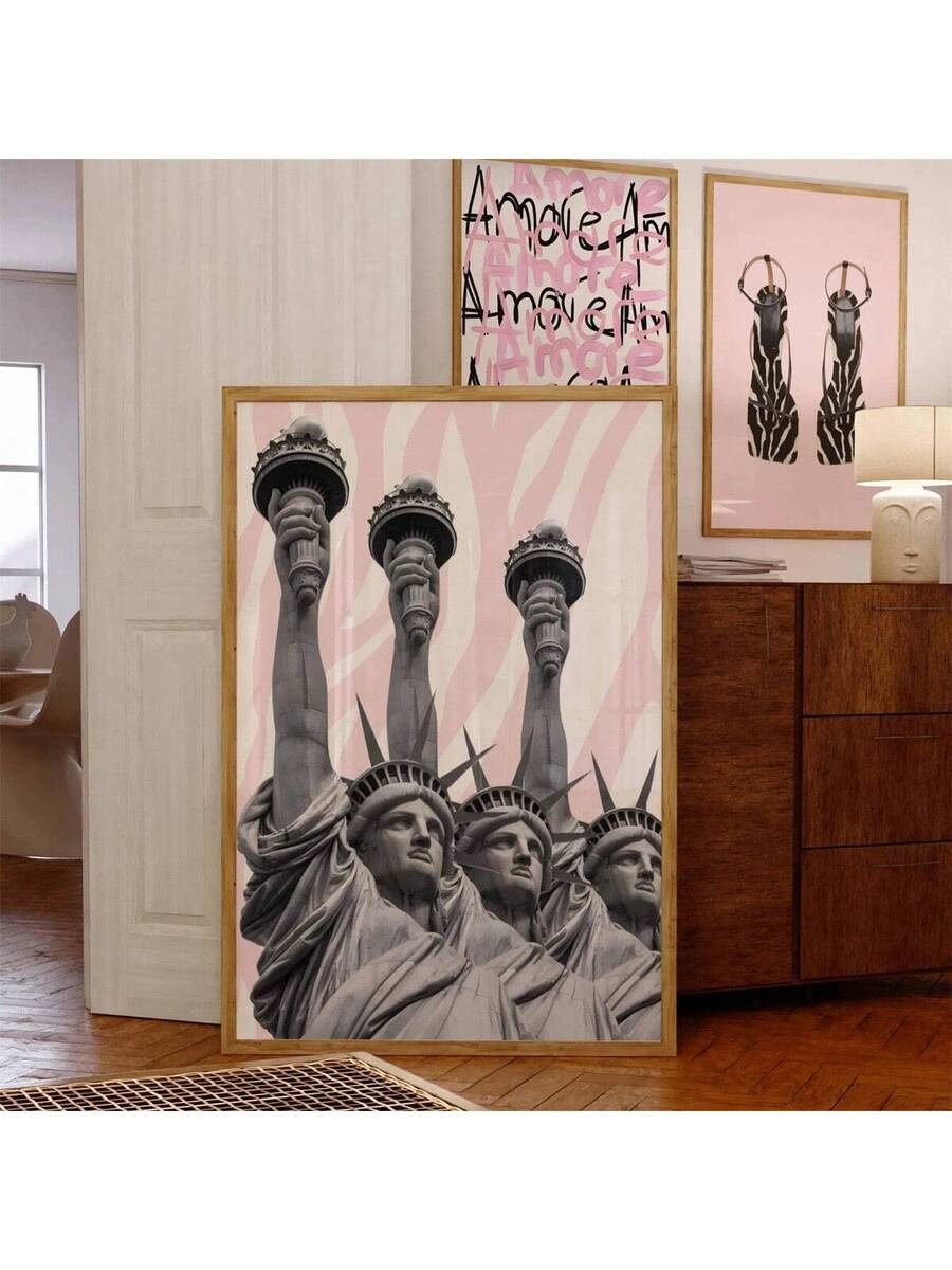 Pink animal print gallery wall set in a modern room