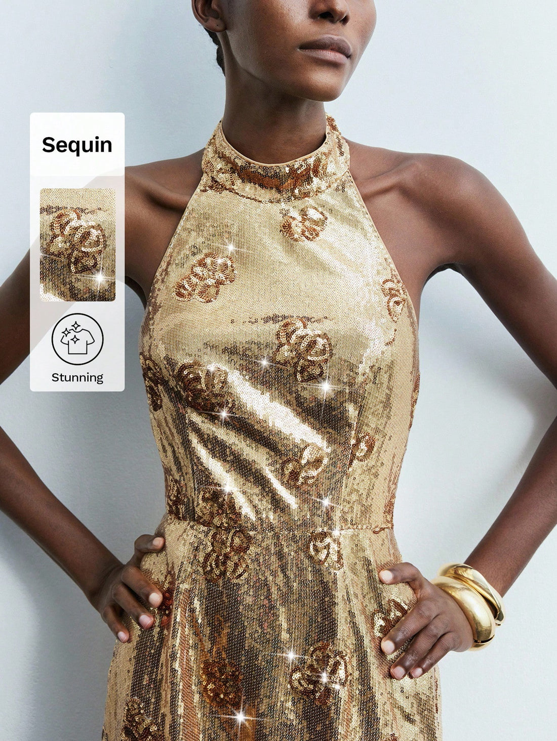 Turn heads effortlessly in this Elegant Gold Sequin Floral Mini Dress. Featuring a chic halter neck, its sparkling sequins and floral design add a touch of glamour perfect for parties and special occasions. Feel confident and dazzling as you dance the night away in this playful, standout piece.