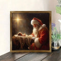 Santa nativity wood panel art displayed on a tabletop shelf