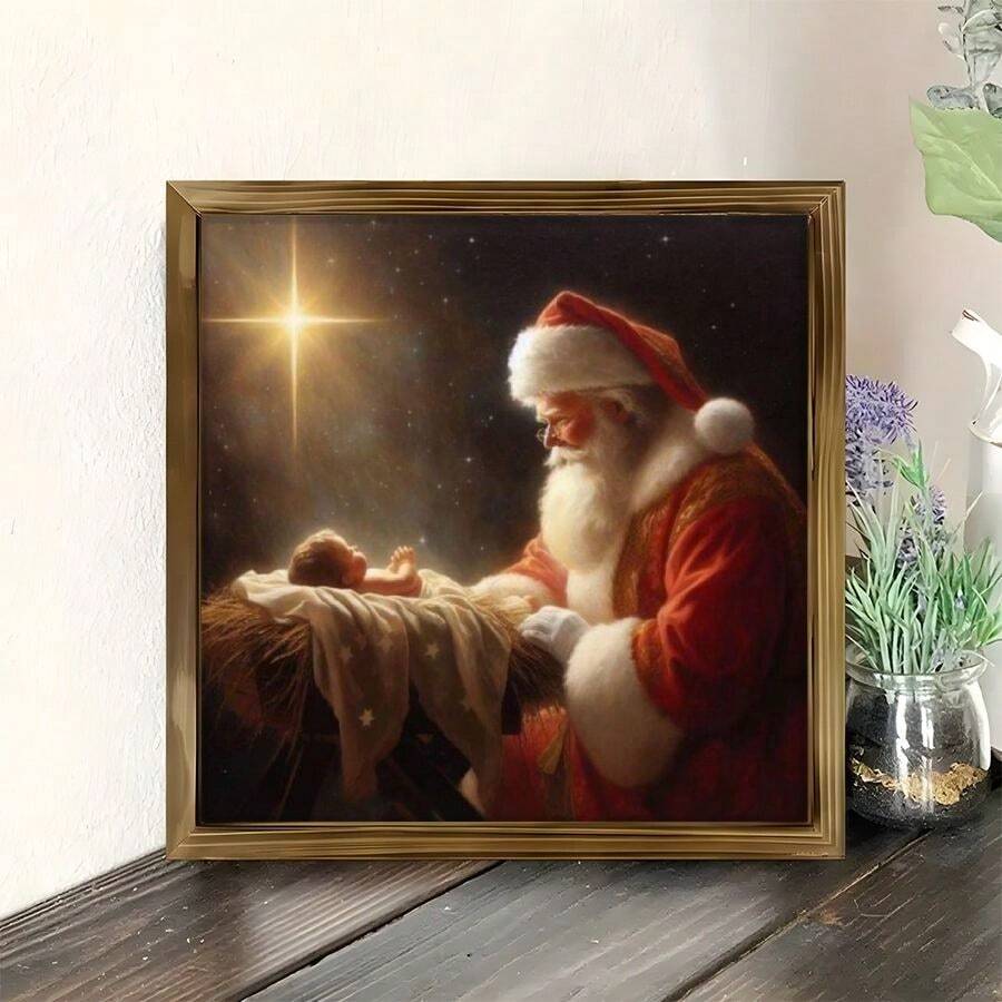 Santa nativity wood panel art displayed on a tabletop shelf