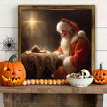 Religious Santa nativity wall art displayed on a white console