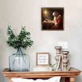 Religious Christmas canvas art styled on a seasonal mantel