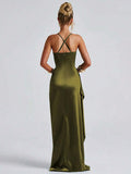 Olive satin gown back view showing crossed straps and long skirt