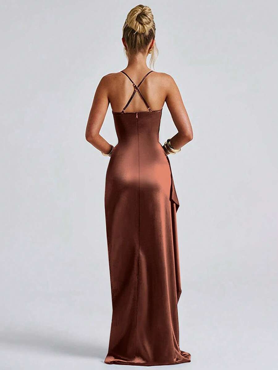 Copper-brown satin gown back view with crossed straps and floor-length skirt