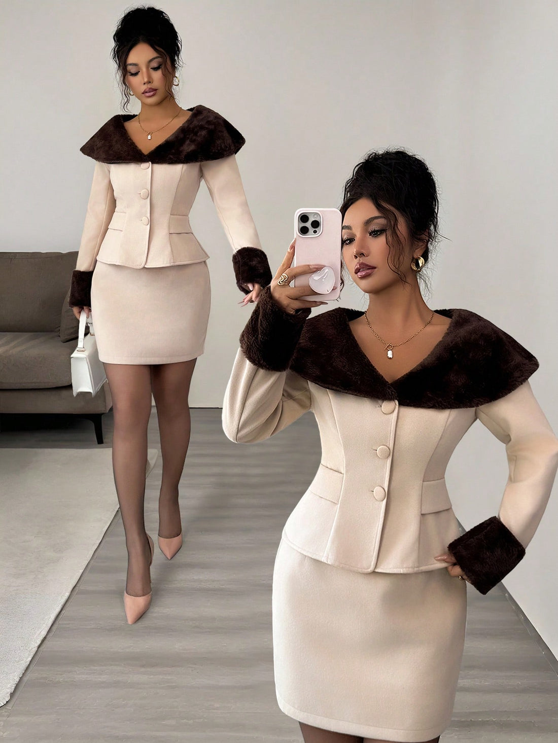 Step into timeless elegance with this stunning two-piece bodycon dress that effortlessly transitions from office to celebration. The fitted silhouette hugs your curves in all the right ways, while the luxurious fur collar adds a touch of vintage glamour and sophistication. Perfect for making a statement during your daily commute or turning heads at holiday gatherings, this dress combines classic style with modern edge. Whether you're channeling retro chic or embracing contemporary fashion, this versatile pi