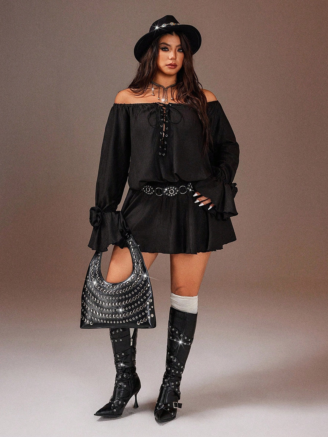 Embrace your bold side with this stunning off-shoulder bodycon dress that's equal parts sultry and chic. The criss-cross detail adds an edgy twist while flare sleeves bring that effortless boho vibe. Crafted from quality polyester in a flattering solid hue, it's designed to hug your curves beautifully and work for every season. Perfect for date nights, parties, or whenever you want to feel confident and fabulous. Available in plus sizes because every body deserves to turn heads.