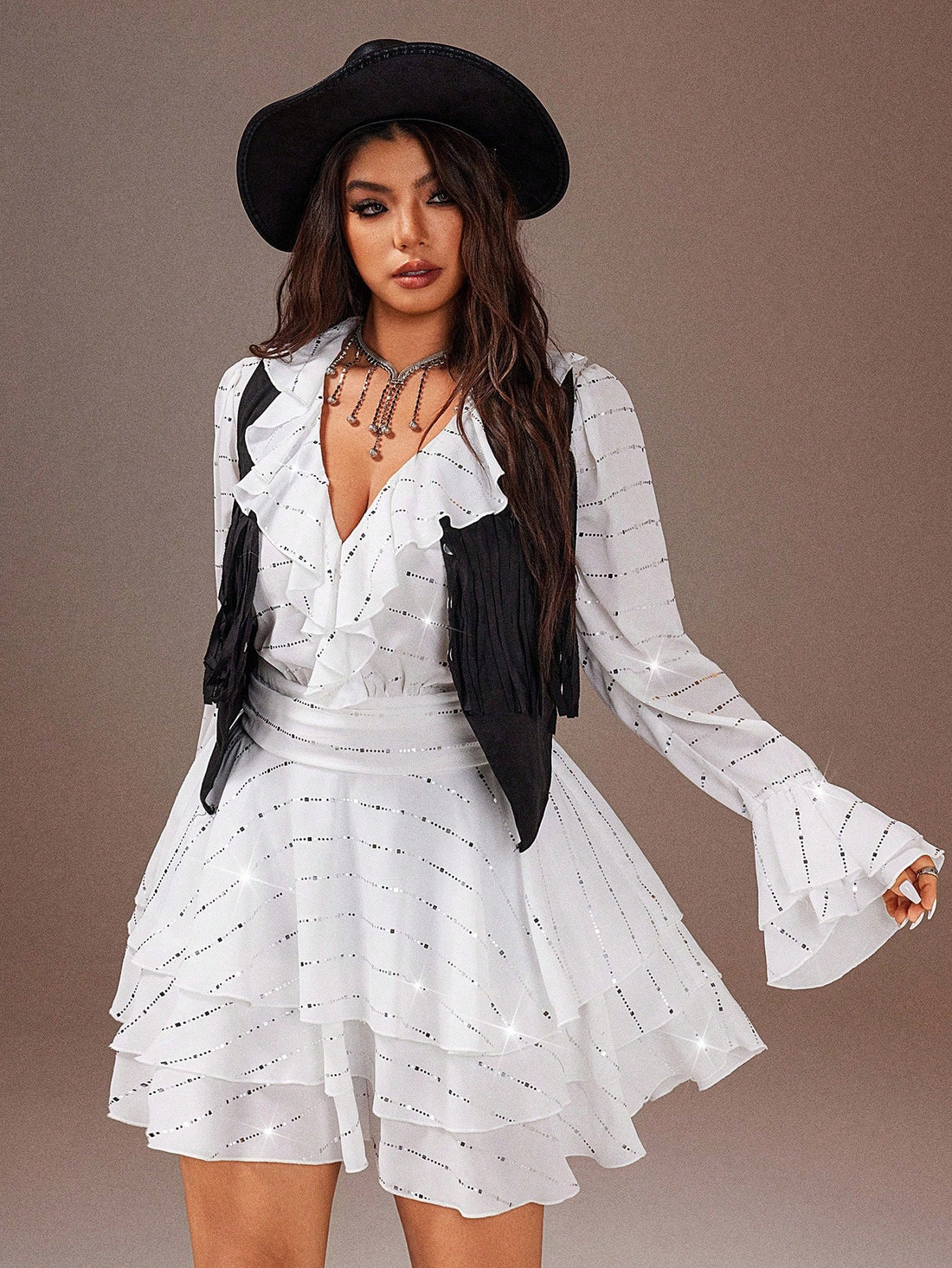 Elevate your wardrobe with this stunning plus-size dress that brings vintage French elegance straight to your closet. Crafted from luxurious polyester with a gorgeous shiny finish, this beauty features delicate ruffles and a flattering V-neckline that works magic for any body type. The timeless solid color keeps things sophisticated while the playful ruffle details add just the right amount of charm and movement. Perfect for date nights, special occasions, or whenever you want to feel absolutely fabulous. S