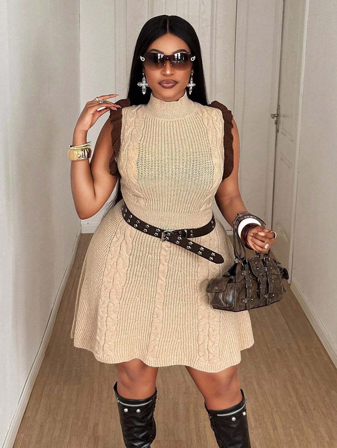 Stay cozy and stylish with this chic plus size sweater dress, perfectly blending apricot and brown hues for a warm autumn vibe. The flattering cap sleeves add a playful touch while the soft knit fabric keeps you comfy during chilly days. Ideal for casual outings or layering on cooler evenings, this dress makes embracing fall fashion fun and easy.