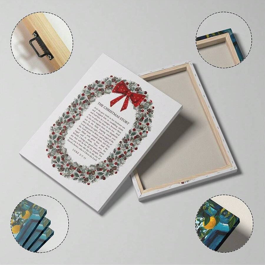 Vintage Jesus birth canvas art with Christmas wreath and scripture