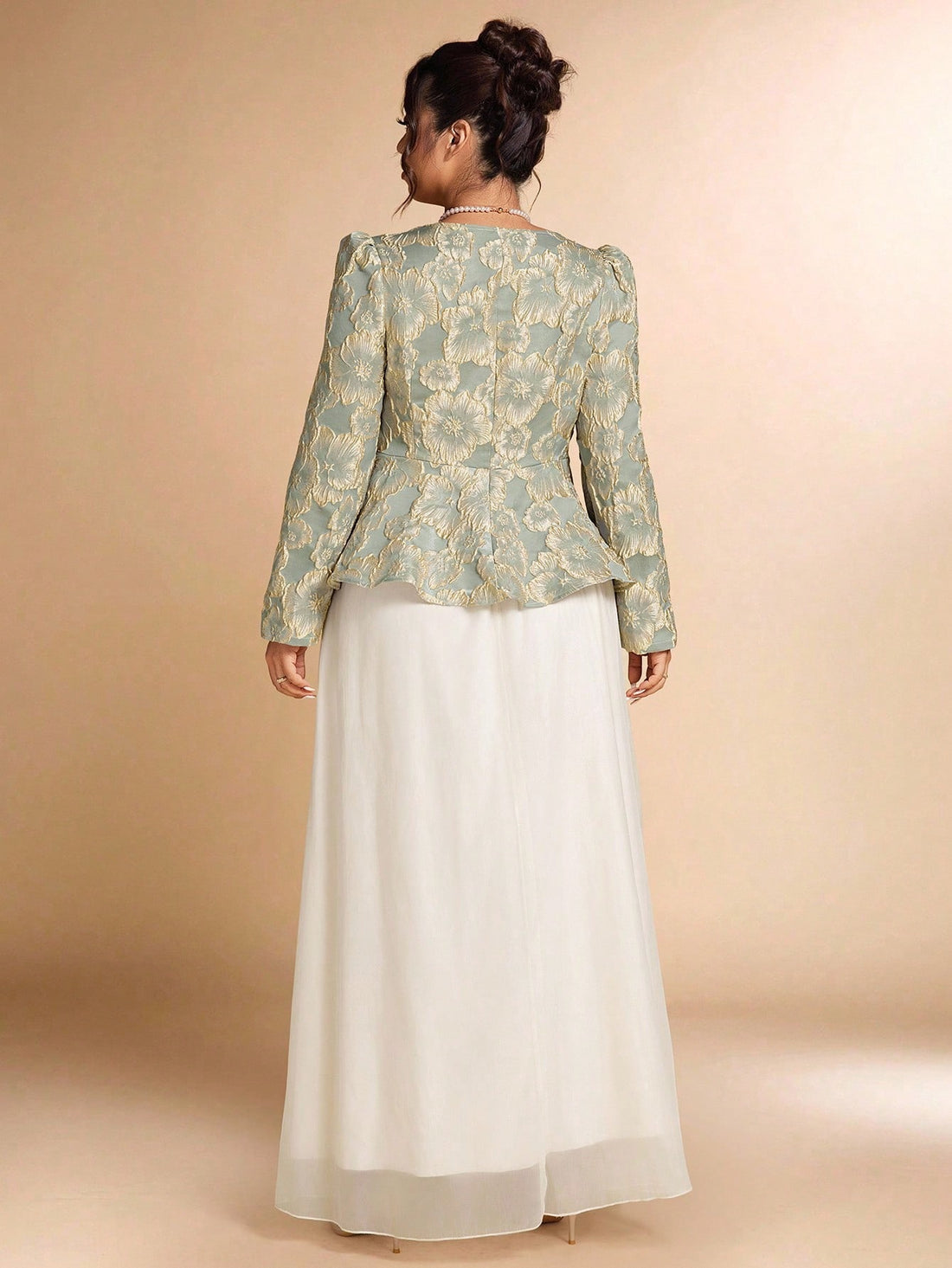 Elevate your wardrobe with this fabulous two-piece set that's all about making a statement! The jacquard top features intricate texturing that catches the light beautifully, while the midi skirt's charming ruffle hem adds a flirty touch of movement. Perfect for date nights, brunch outings, or whenever you want to feel confident and chic. Designed with generous sizing to celebrate every curve, this set combines comfort with undeniable style. Mix, match, or wear together—either way, you're guaranteed to turn 