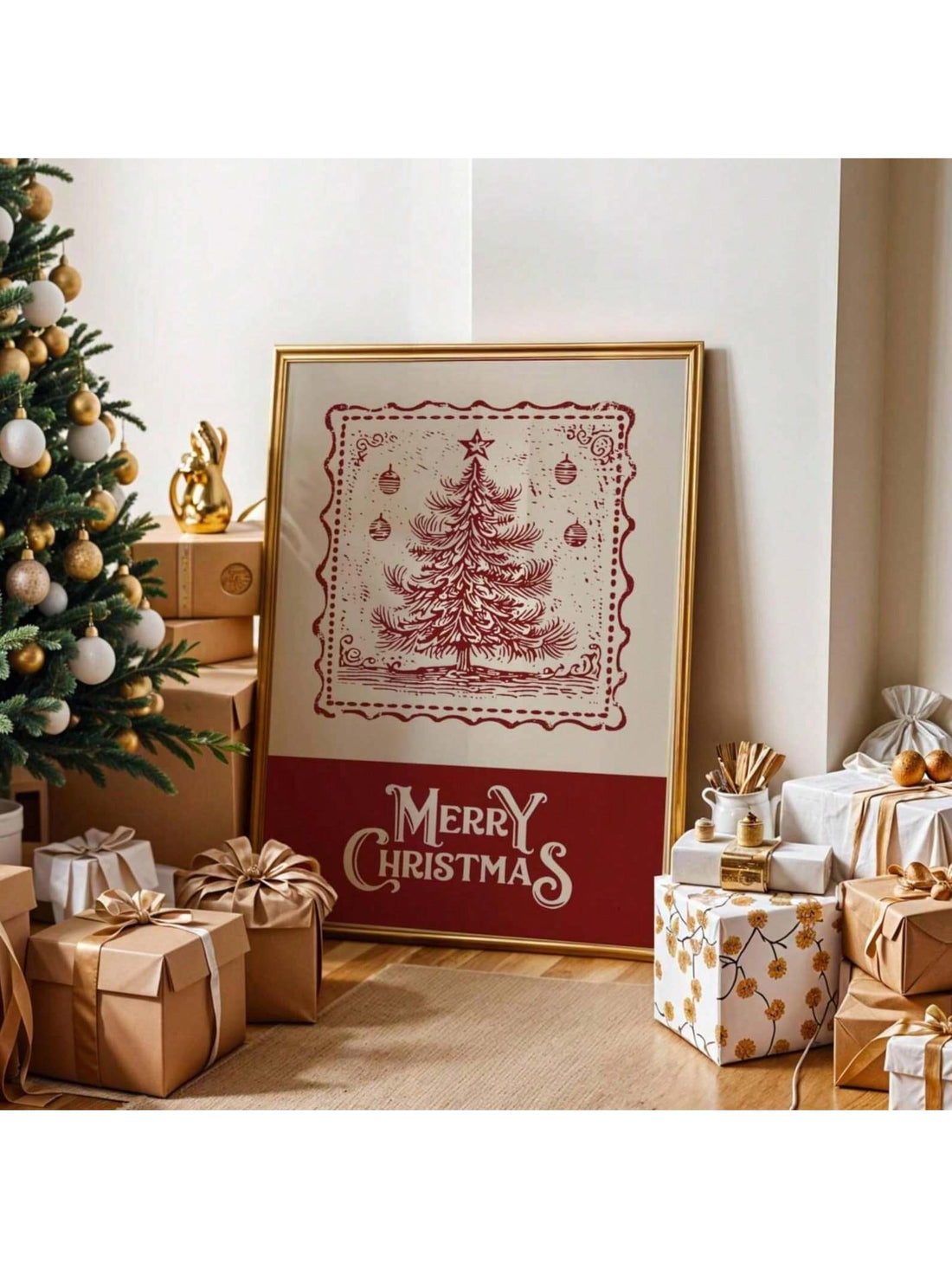 Bring nostalgic holiday charm to your walls with this delightful vintage Christmas tree poster! Featuring a retro aesthetic complete with antique stamp details, it's the perfect way to add festive flair to any room. The frameless design keeps things simple and modern, letting the classic artwork shine. Whether you're decorating a cozy living room, office space, or guest bedroom, this charming piece captures the warmth and wonder of holidays past. Ideal for collectors of vintage décor or anyone seeking that 