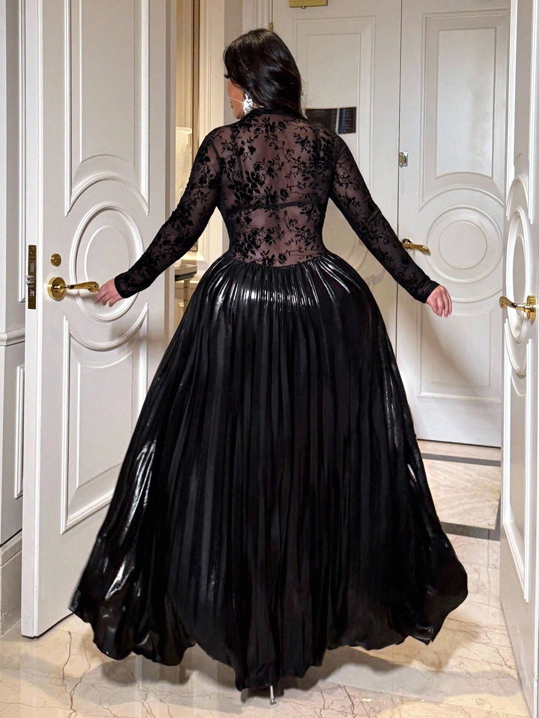 Turn heads and twirl with confidence in this Elegant Plus Size Women's Dress! Crafted from glossy fabric that catches the light, it features delicate pleated lace adding a flirty touch. Designed for parties and special occasions, this dress blends comfort with glamour, making every moment feel like a celebration. Slip into style that feels as fabulous as you do!