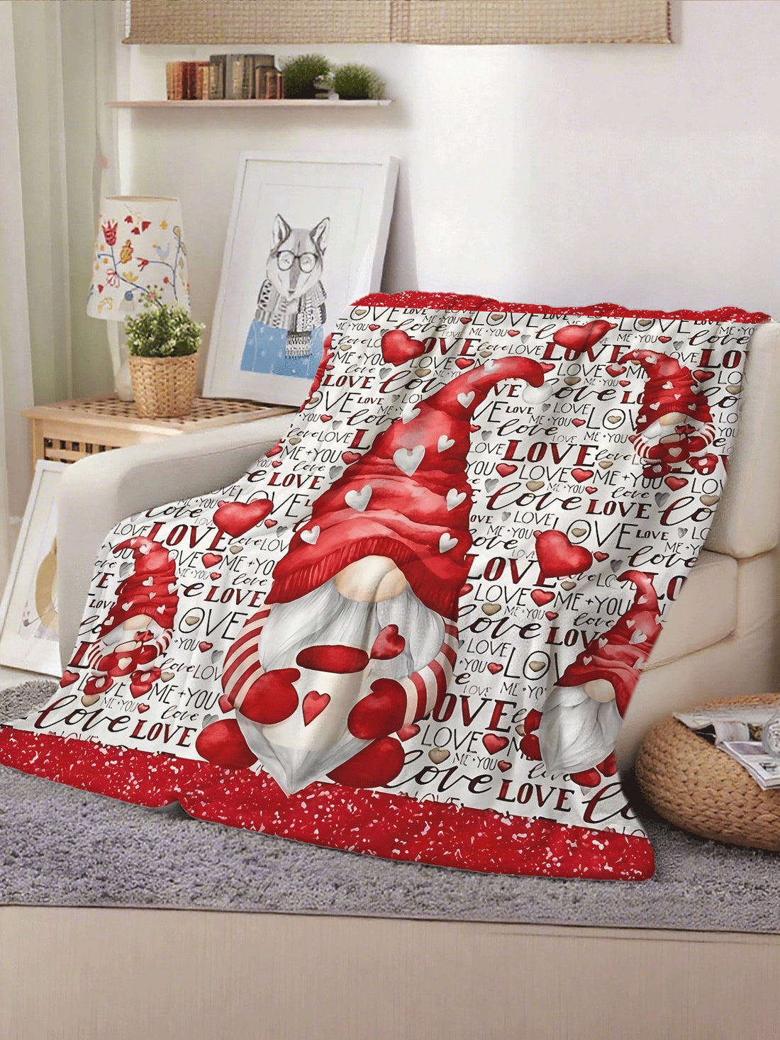 Wrap yourself in love this Valentine’s Day with our gnome-print flannel fleece blanket. Soft and snug, it’s perfect for cuddling up on the sofa or adding a warm touch to your bed. Featuring charming heart patterns alongside adorable gnomes, this throw brings cozy fun and festive cheer to any space.