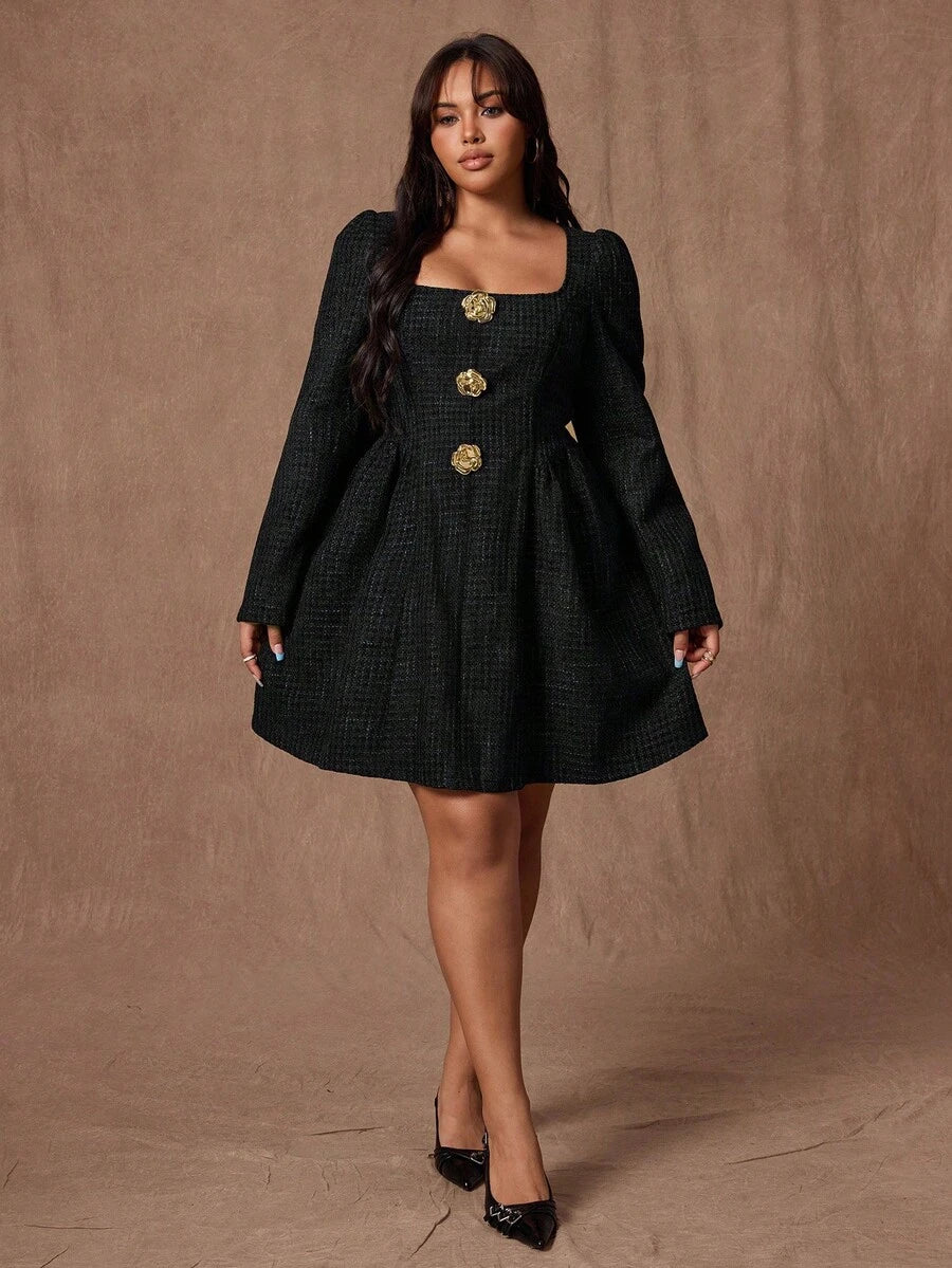Elevate your party wardrobe with this stunning plus-size tweed mini dress! Crafted in a gorgeous pink hue, this piece features a chic square neckline and eye-catching gold buttons that add instant sophistication. The flattering A-line silhouette skims beautifully over curves, while long sleeves keep you cozy through autumn and winter months. Perfect for holiday gatherings, date nights, or any occasion calling for effortless elegance. Tweed texture brings timeless charm, making this dress a versatile go-to t