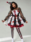 Front view of blood splatter clown costume with hat stockings and toy knife