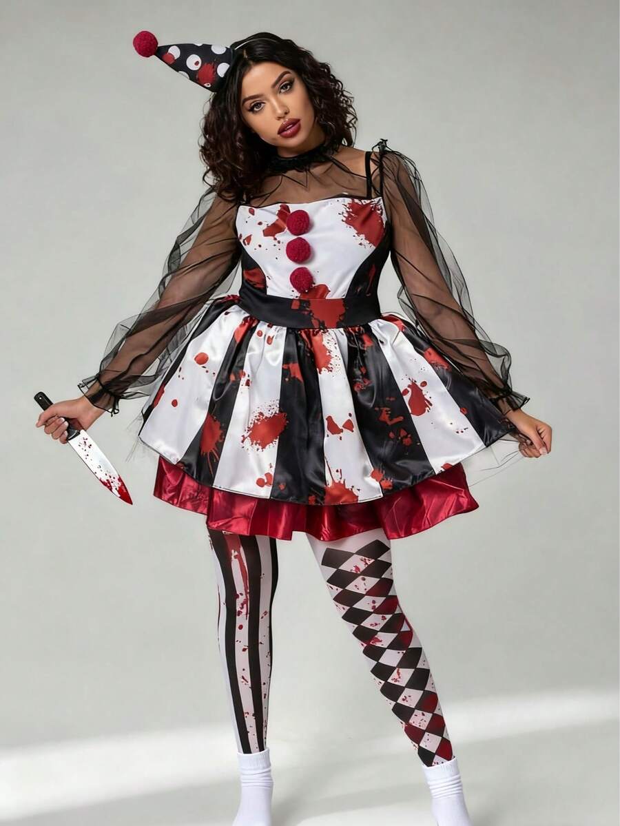 Front view of blood splatter clown costume with hat stockings and toy knife