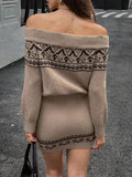 Taupe jacquard off shoulder knit mini dress back view