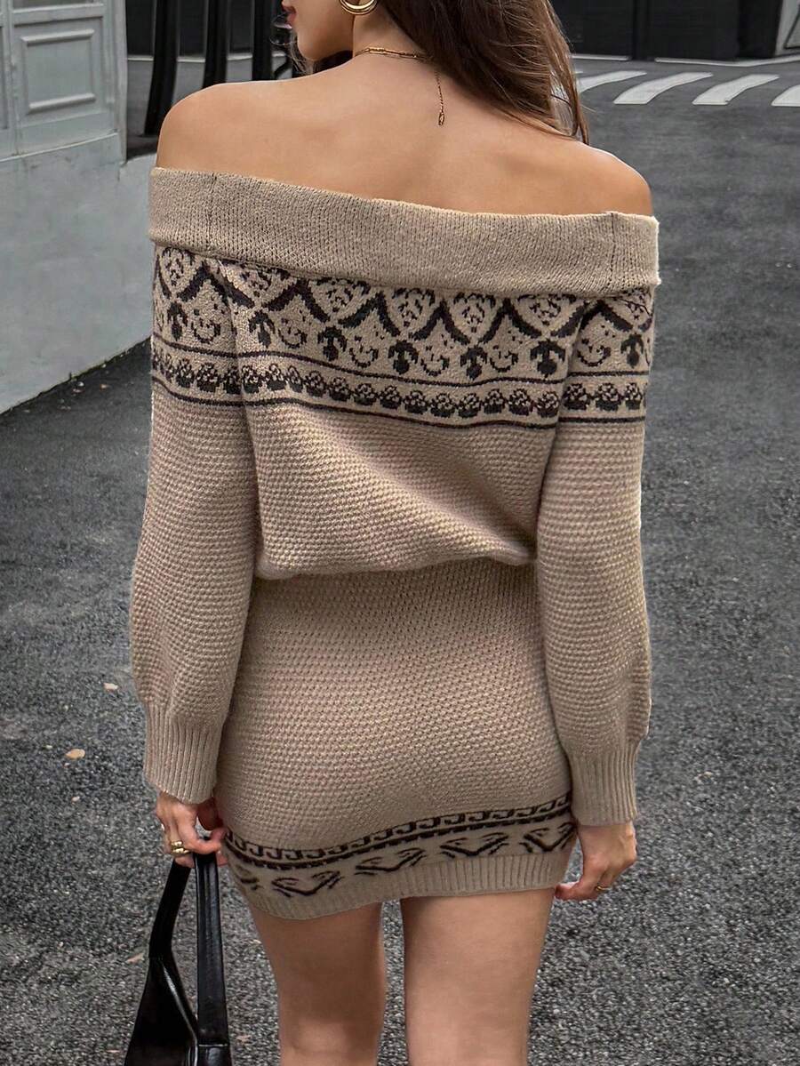 Taupe jacquard off shoulder knit mini dress back view