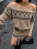 Coffee tone off shoulder geometric knit mini dress angled view