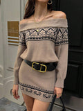 Long sleeve off shoulder jacquard mini dress front styling view