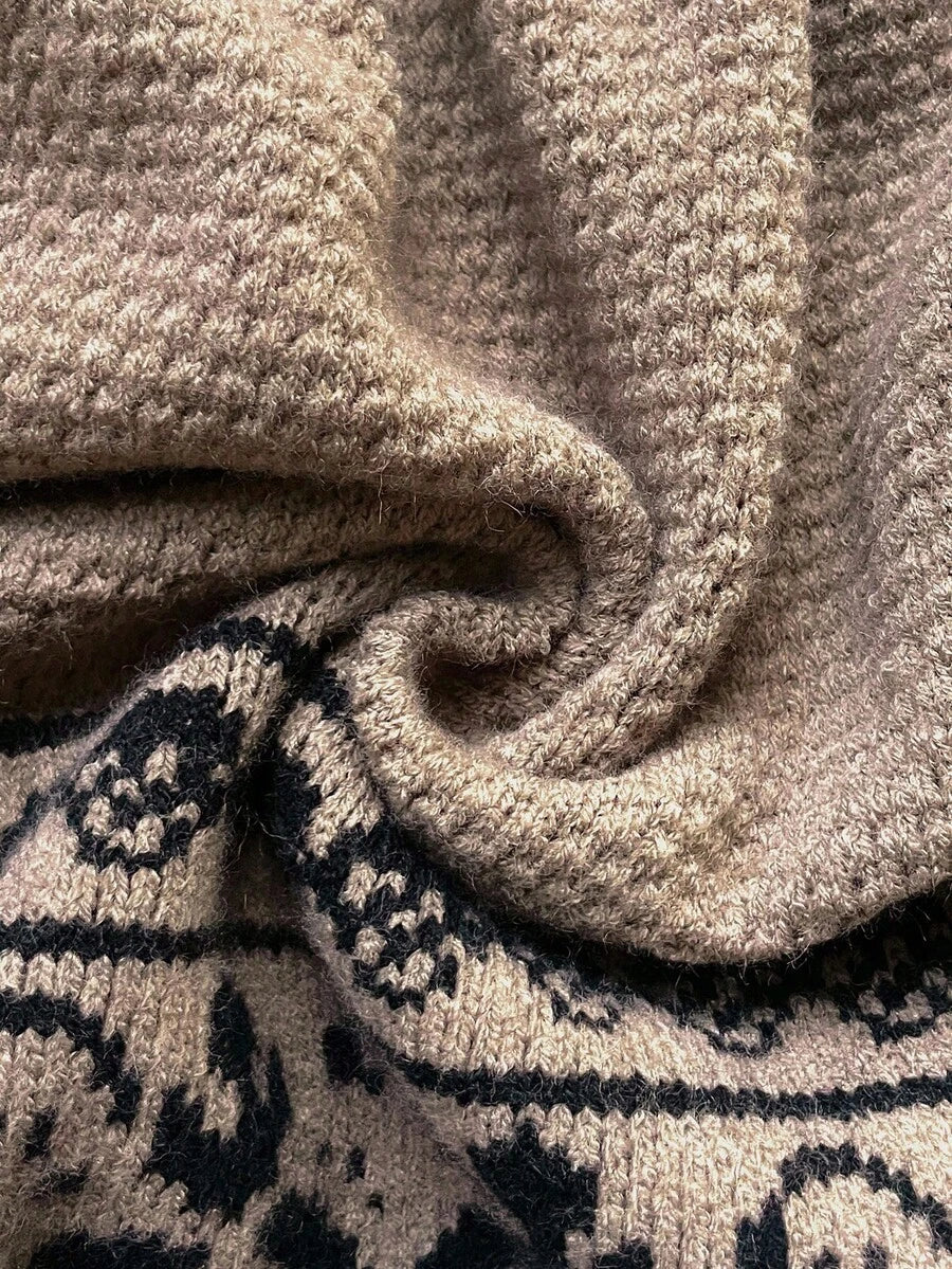 Close up of taupe textured knit and black jacquard pattern