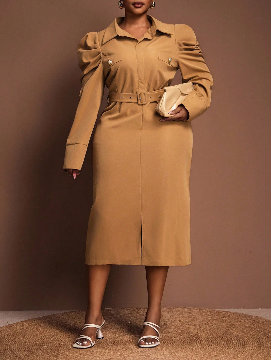 Turn heads in this chic plus size khaki bodycon midi dress! Featuring a smart collared neckline and a daring front slit, it combines sleek office vibes with a hint of fun flair. Perfectly tailored to hug your curves, this dress ensures you feel confident and stylish from desk to dinner. Elevate your work wardrobe with a playful twist on classic sophistication.
