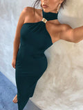 Teal maxi dress selfie with asymmetric halter neckline high collar and gold connector
