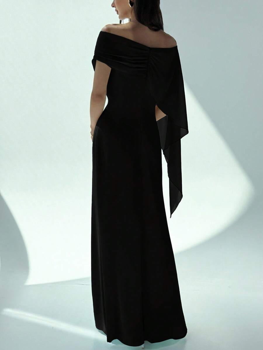 Make a statement in this sophisticated green maxi dress, designed for those special occasions that call for elegance. The off-shoulder boat neckline creates a graceful, feminine silhouette while the fitted mermaid hem adds dramatic flair. Crafted from 100% polyester woven fabric with ruched details and a convenient zipper closure, this dress offers both style and comfort. Perfect for birthday celebrations, parties, and festive gatherings, it's a versatile piece that transitions beautifully from day to eveni
