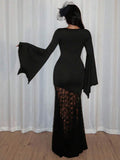 Back view of black gothic maxi dress with asymmetrical lace panel and flared sleeves