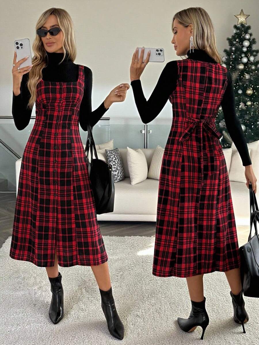 Turn heads this season in our stunning red plaid midi dress—a festive essential that transitions seamlessly from holiday parties to Valentine's celebrations. The charming square collar adds a touch of vintage-inspired elegance, while the adjustable waist tie lets you customize your silhouette for the perfect fit. Crafted for those who love timeless style with a modern twist, this dress pairs beautifully with boots, heels, or sneakers. Whether you're celebrating Christmas, ringing in the New Year, or express