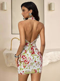 White base mini dress with red pink and green floral sequins