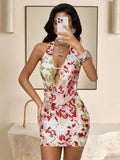 Multicolor fitted sequin dress with front cutout and halter straps