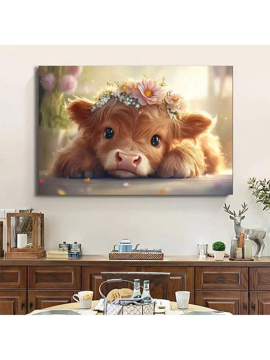 Cute Highland cow calf wall decor shown above sideboard