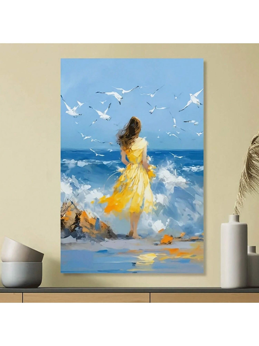 Bring a splash of sunshine indoors with this playful canvas art print featuring a woman in a yellow dress by the beach. Its frameless design adds a breezy, modern touch to any living room, bedroom, office, or cafe. Let this cheerful seaside scene brighten your space and lift your mood every day.