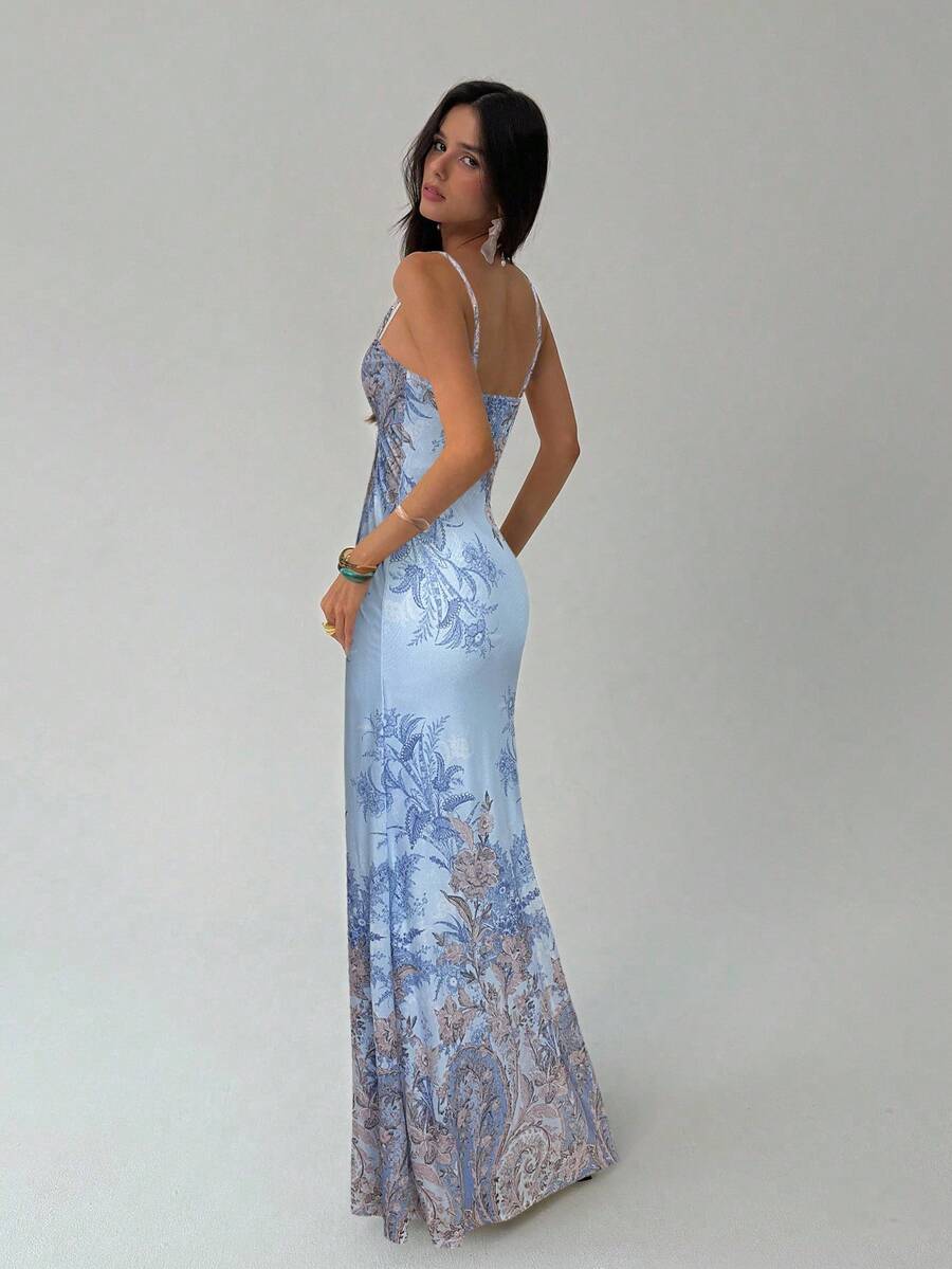 Front view of blue floral satin spaghetti strap maxi dress