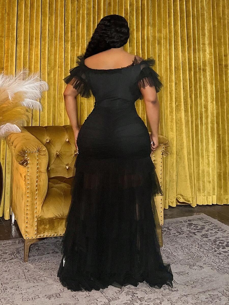 Side profile of Plus Size Women's Bohemian Sheer Off-Shoulder Dress for Spring and Summer - Perfect for Festivals, Casual Occasions, and Beach Vacations in Black color
