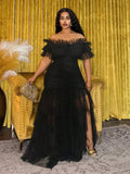 Back view of Plus Size Women's Bohemian Sheer Off-Shoulder Dress for Spring and Summer - Perfect for Festivals, Casual Occasions, and Beach Vacations in Black color