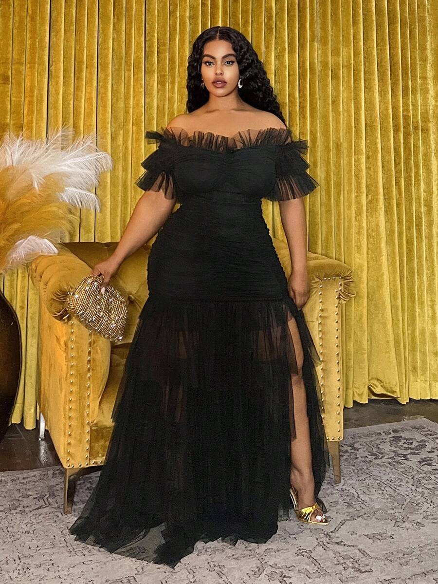 Back view of Plus Size Women's Bohemian Sheer Off-Shoulder Dress for Spring and Summer - Perfect for Festivals, Casual Occasions, and Beach Vacations in Black color