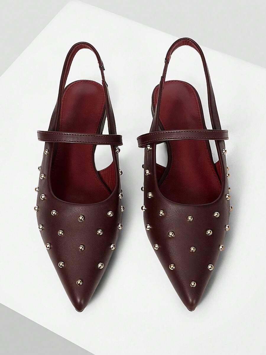 Front view of Women’s Pointed Toe Rivet Flat Loafers for Effortless Daily Style and Holiday Charm with burgundy pointed toe flat styling
