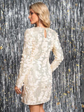 Front view of multicolor sequin shift dress with round neck