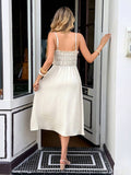 Back view ivory midi sundress with smocked back panel and adjustable straps