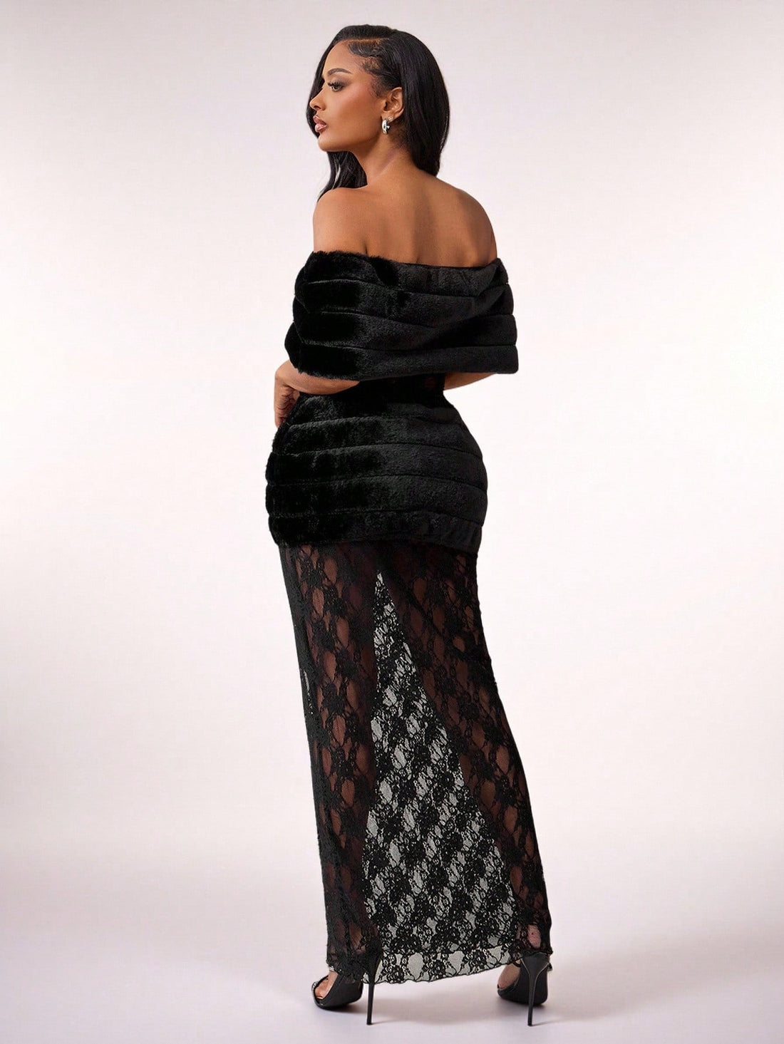 Turn heads at your next party with this Elegant Black Lace Faux Fur Patchwork Dress. Its off-shoulder design adds a flirty touch, while the mix of lace and faux fur creates a unique, eye-catching look. Perfect for receptions, this gown blends sophistication with a playful edge, making sure you stand out with effortless charm and style.