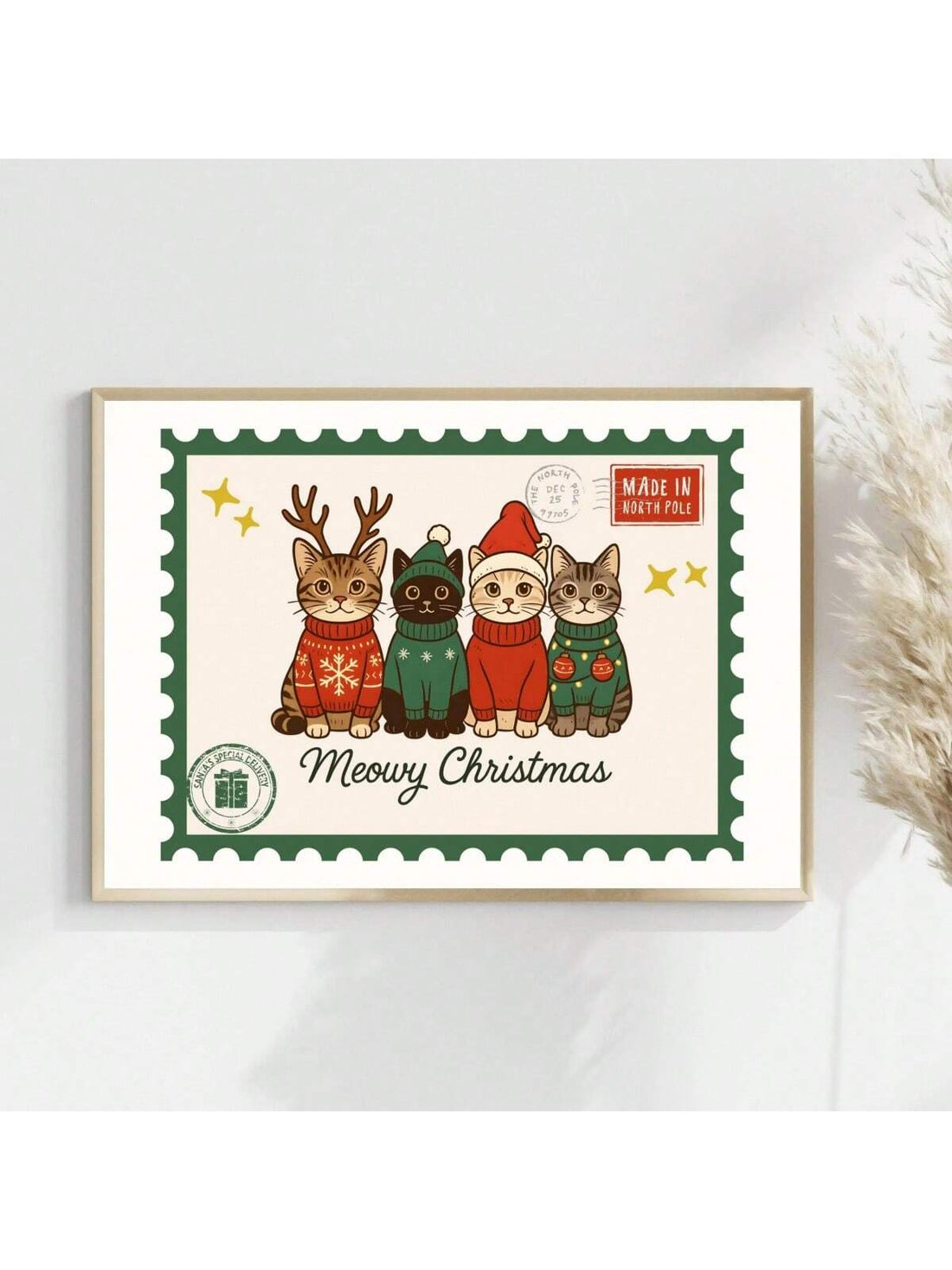 Bring festive cheer to any room with this adorable cat sporting a jolly Santa hat! Perfect for holiday decorating, this charming print captures the whimsical spirit of Christmas with its playful feline friend. Whether you're decking the halls or searching for a thoughtful gift for cat lovers, this cheerful artwork adds warmth and personality to walls, shelves, or gift exchanges. A delightful way to celebrate the season with a smile!