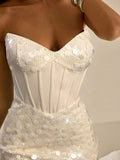 Ivory corset-style mini dress with shimmering sequin texture