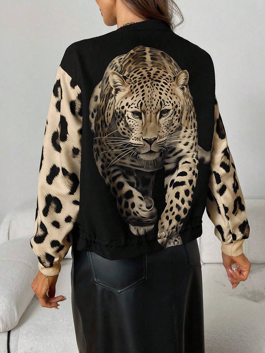 Leopard print bomber jacket with front zipper and contrast panels