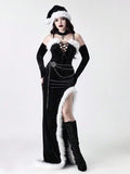 Front view of black gothic velvet maxi dress with white faux fur trim and high slit
