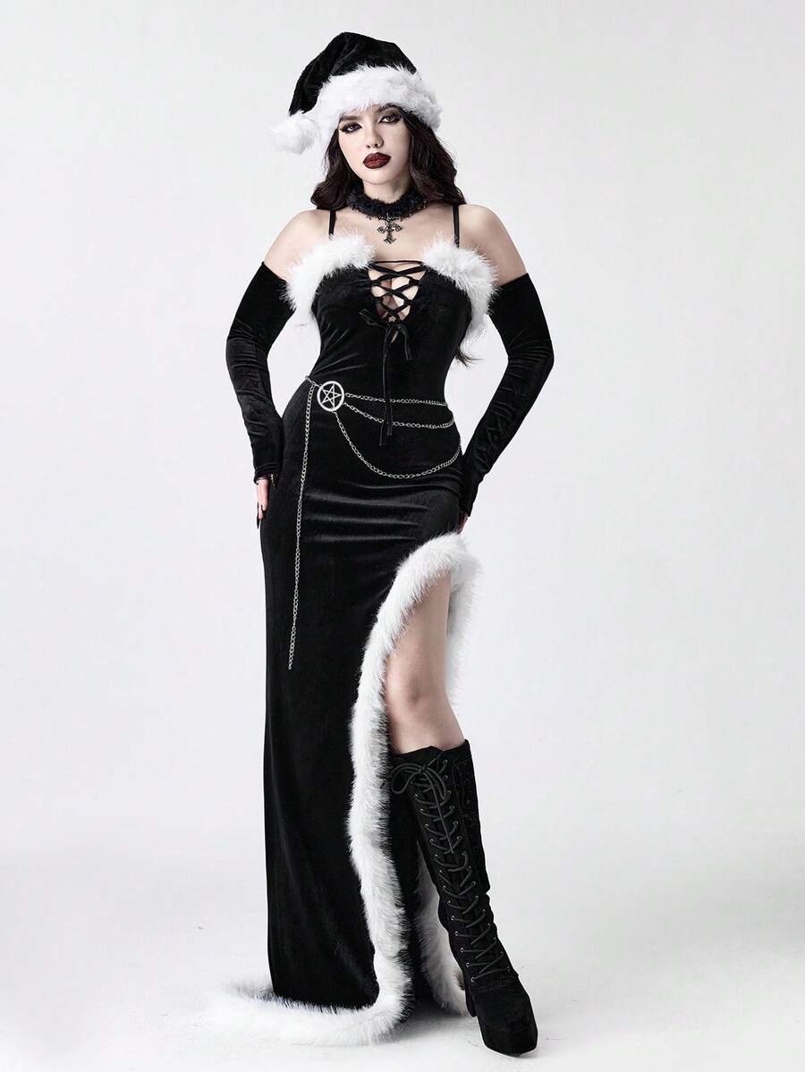 Front view of black gothic velvet maxi dress with white faux fur trim and high slit